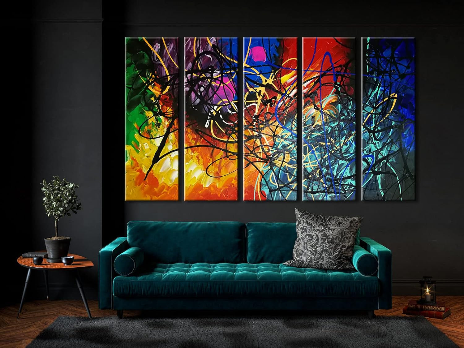 Five Panel Abstract Heart Canvas Wall Art Extra Large