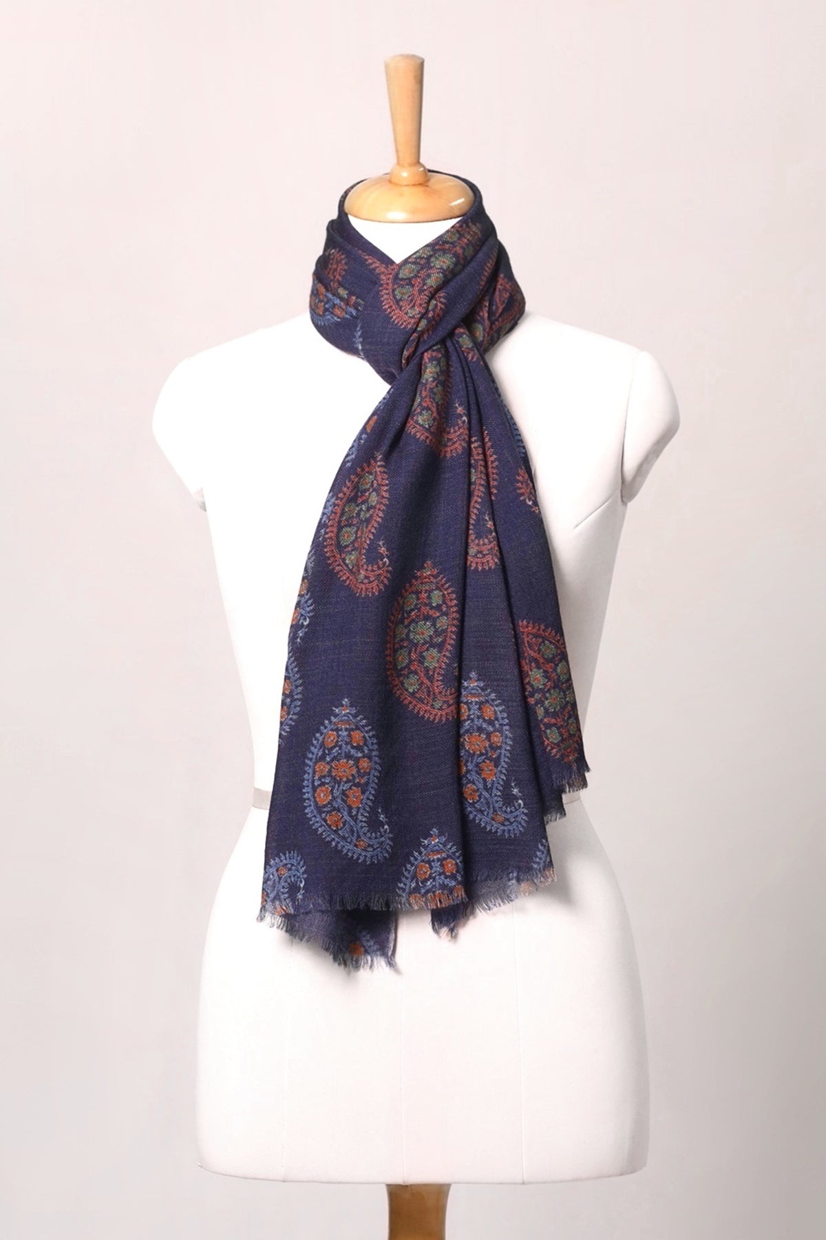 Indigo Paisley Print Twill Weave Wool Scarf - Blue Multi | SVEŽElife
