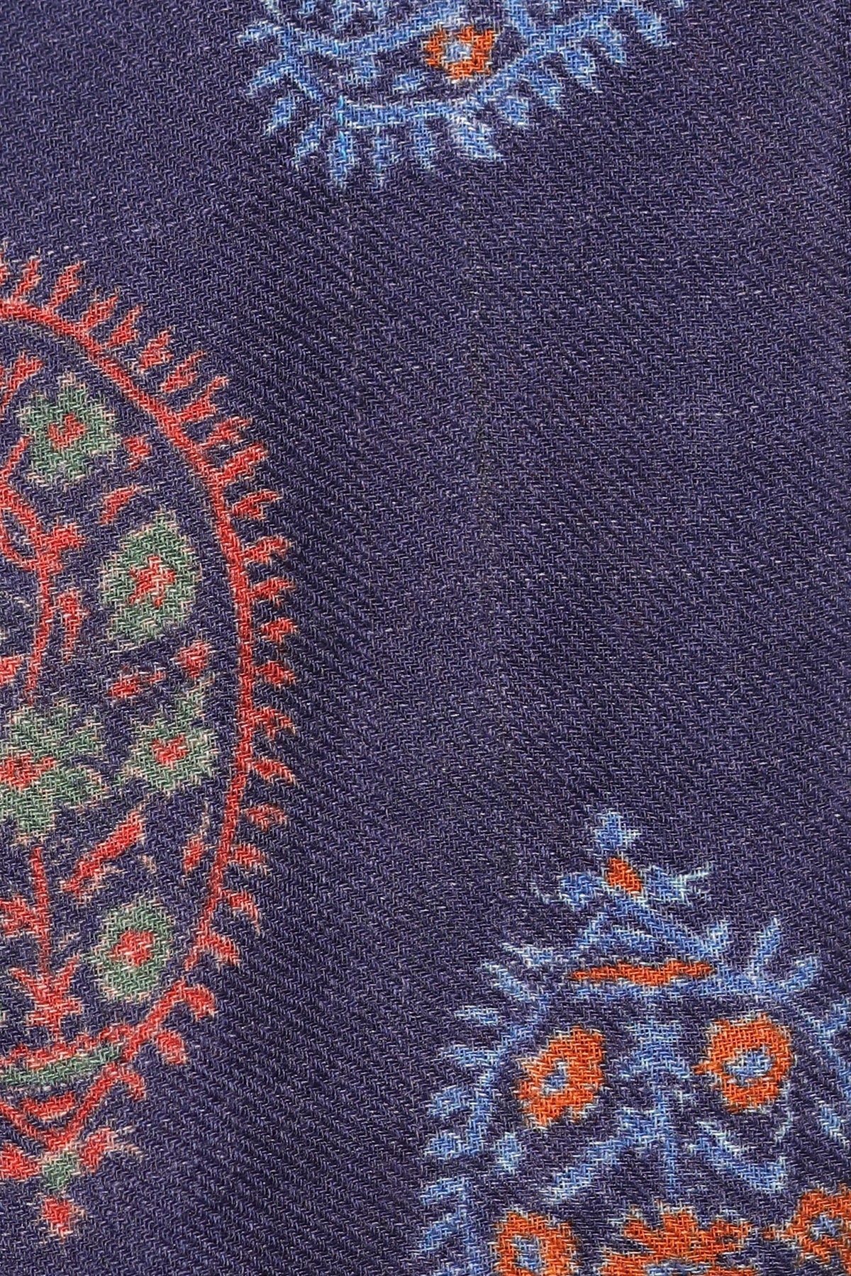 Indigo Paisley Print Twill Weave Wool Scarf - Blue Multi | SVEŽElife