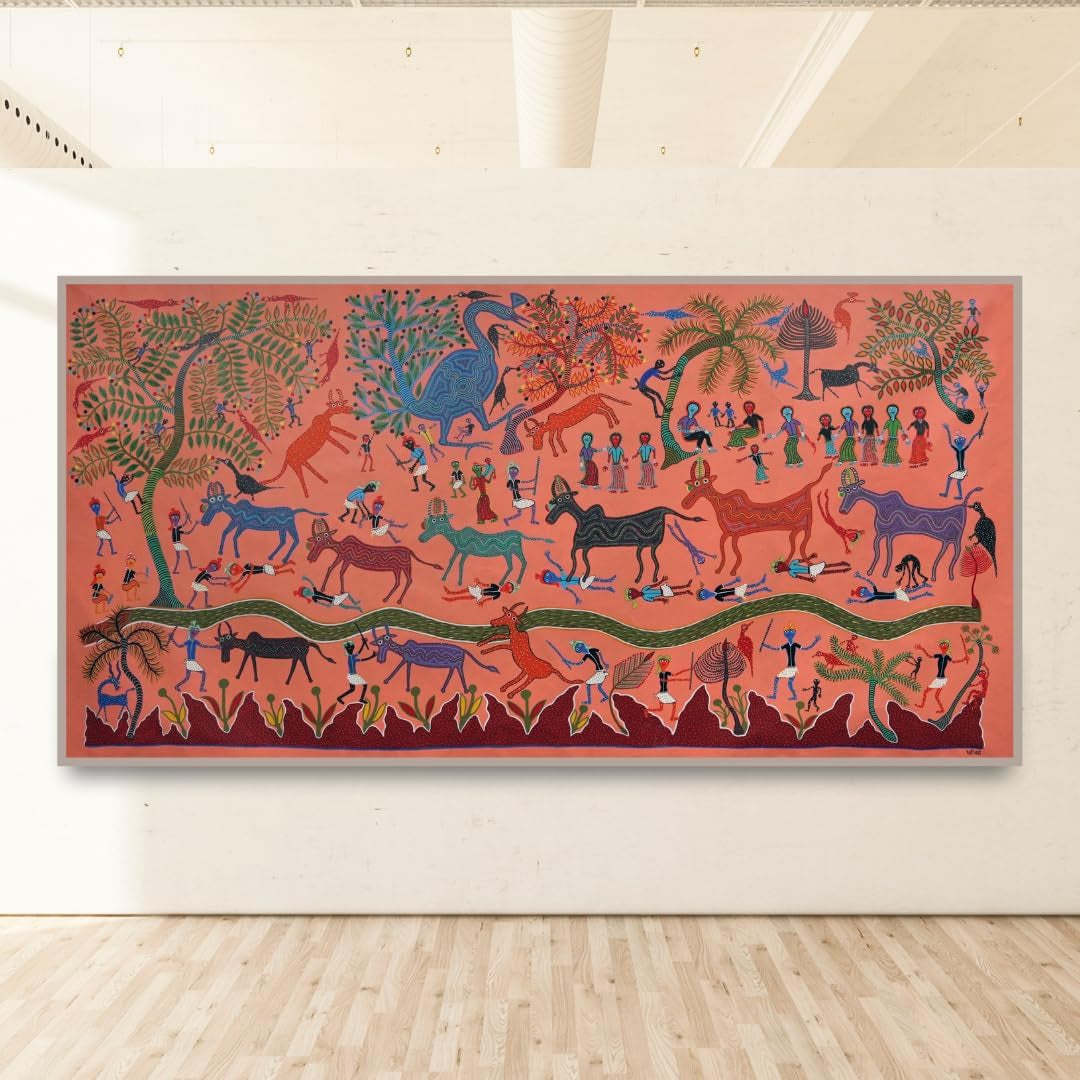 Authentic Bhil Tribal Canvas Painting Rich Colors Decor