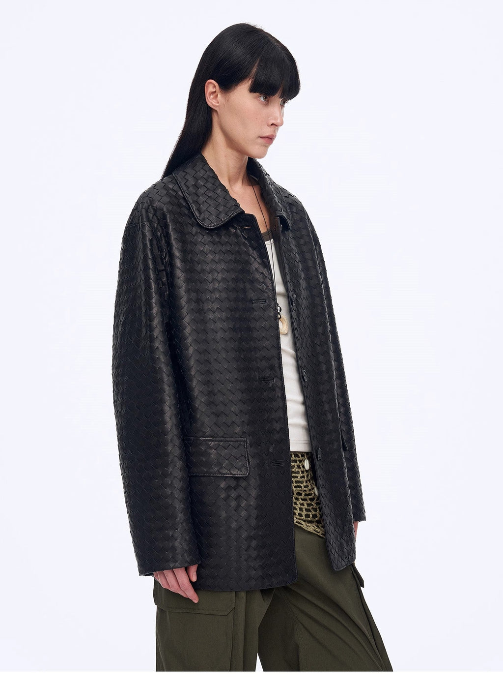 "Rembrandt Night" New Zealand imported lambskin perforated woven leather jacket spring