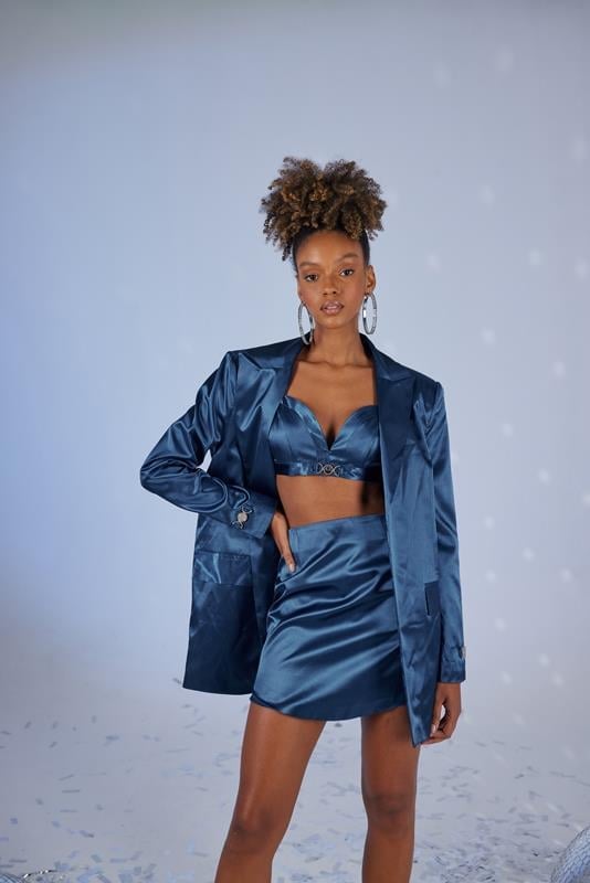 Fancy Navy Blue Satin Blazer Jacket