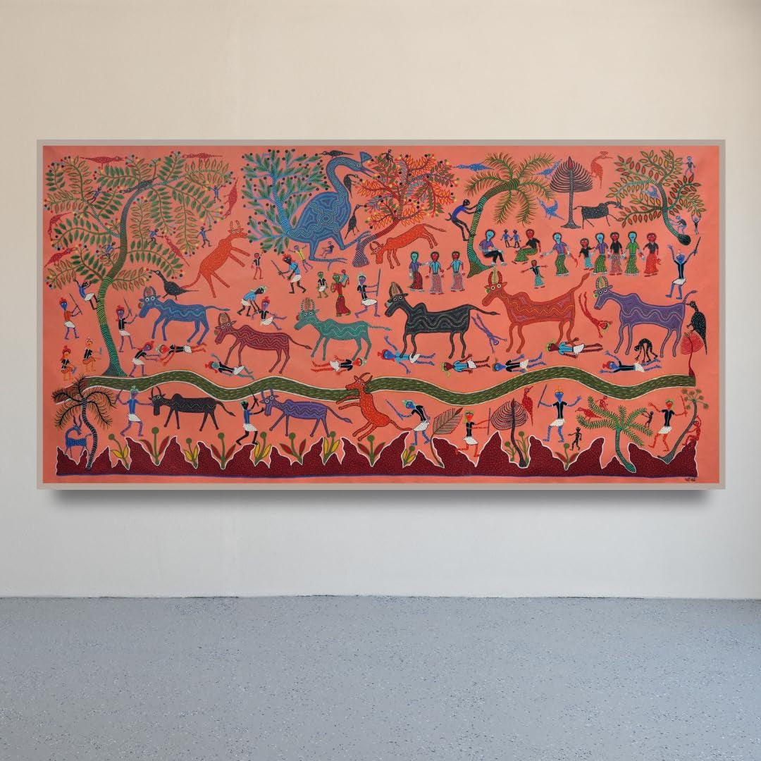 Authentic Bhil Tribal Canvas Painting Rich Colors Decor