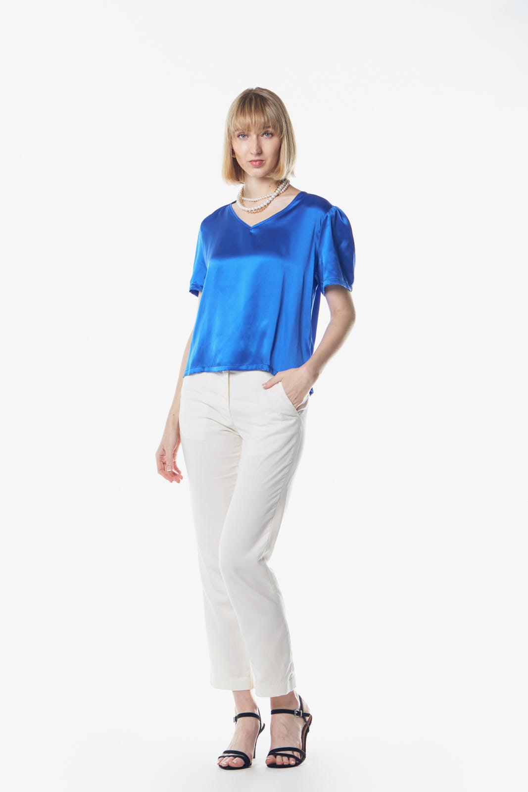 Shining V-Neck Blouse in Blue – Women’s Elegant V-Neck Top