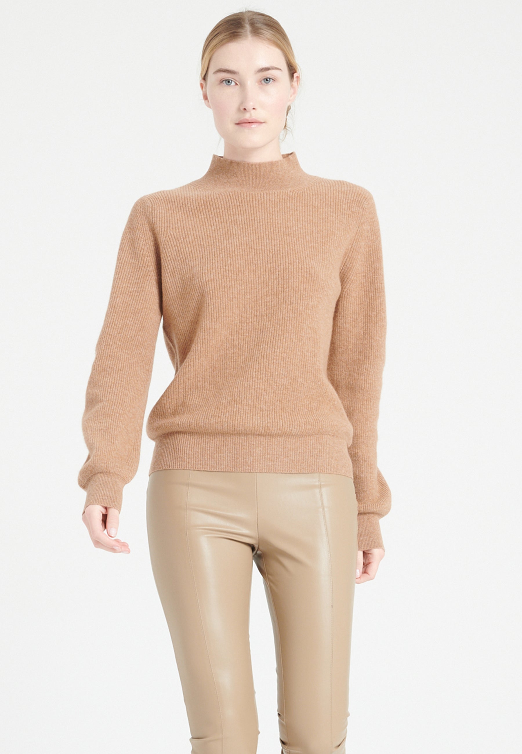 Pull col montant femme en cachemire camel - MIA 1