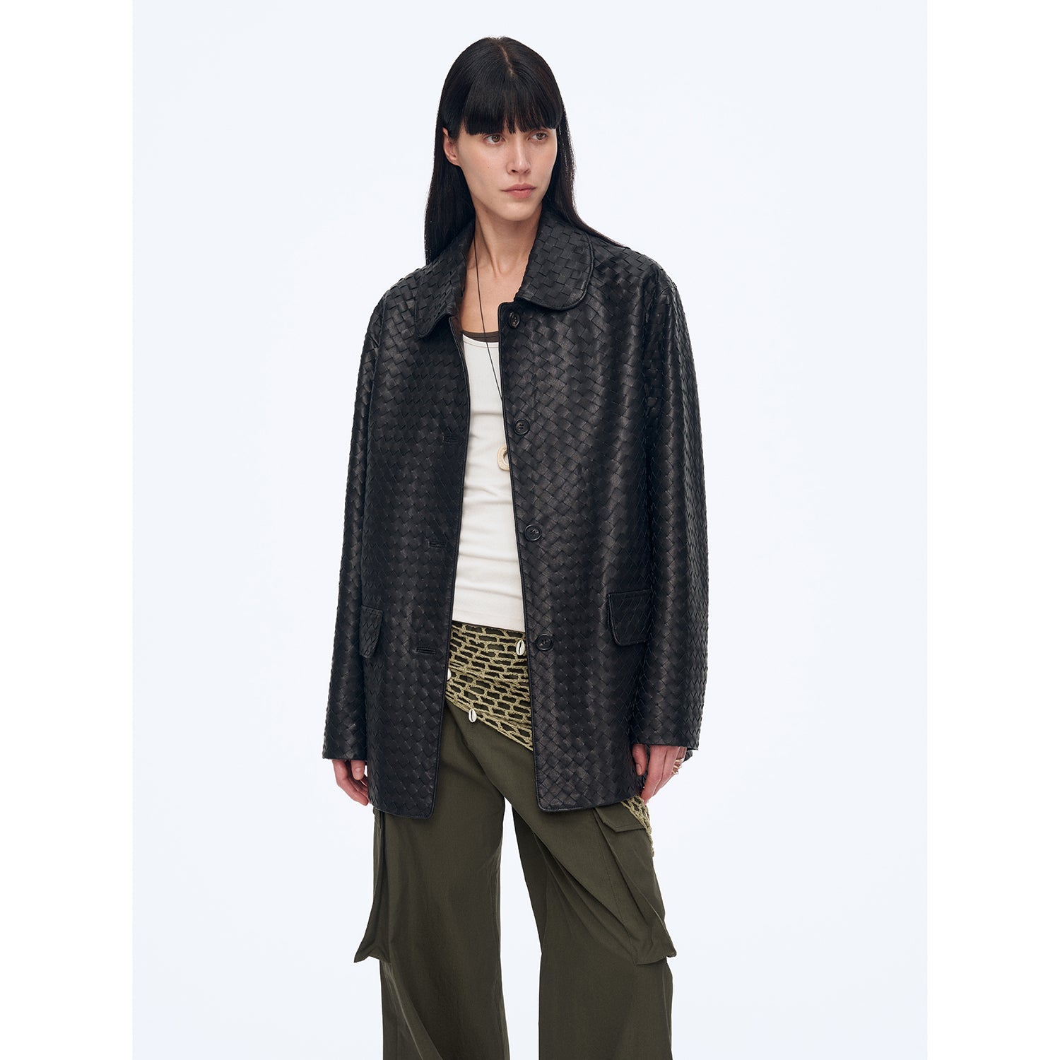 "Rembrandt Night" New Zealand imported lambskin perforated woven leather jacket spring