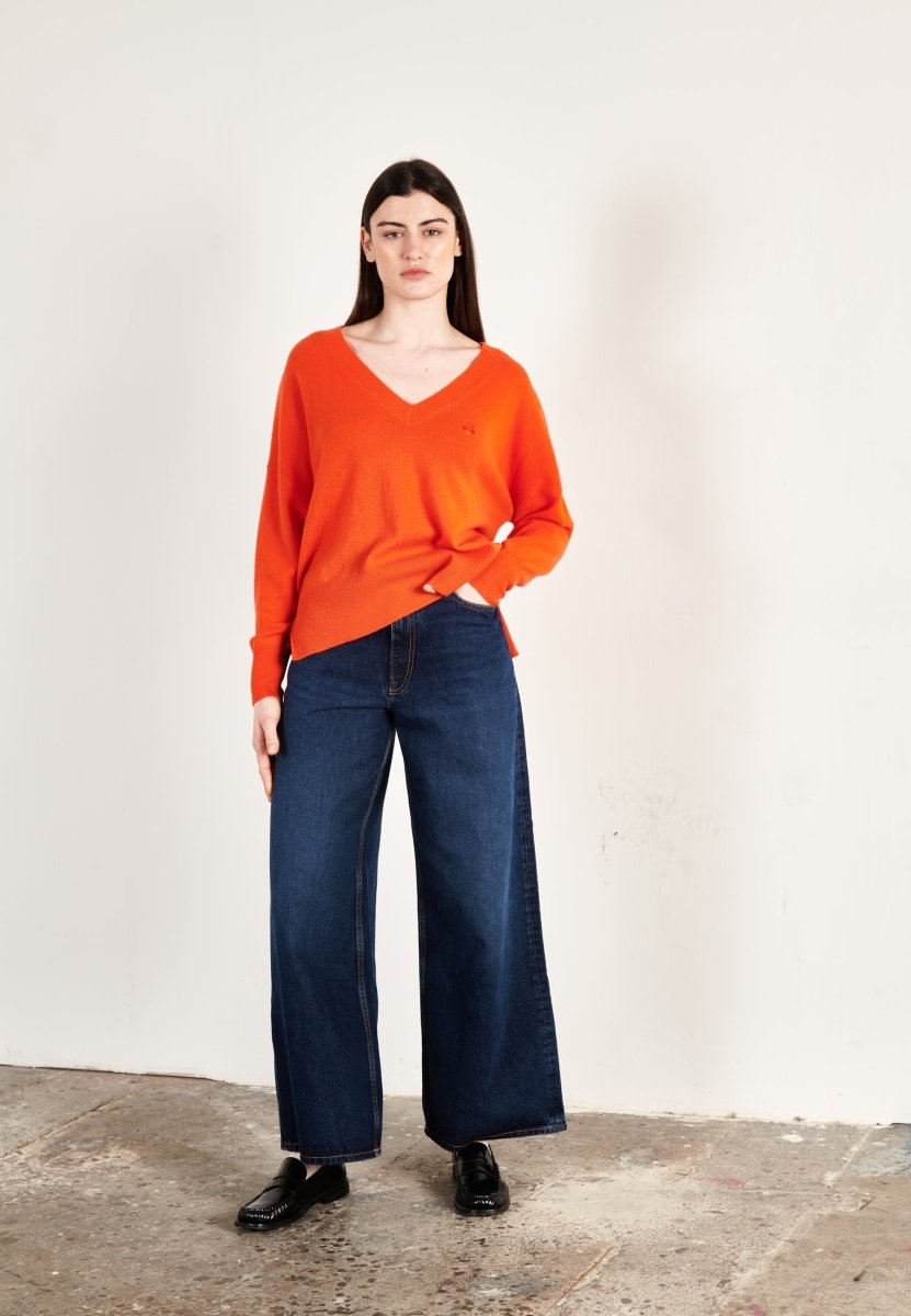 Pull col V femme en cachemire mandarine - HANA 1
