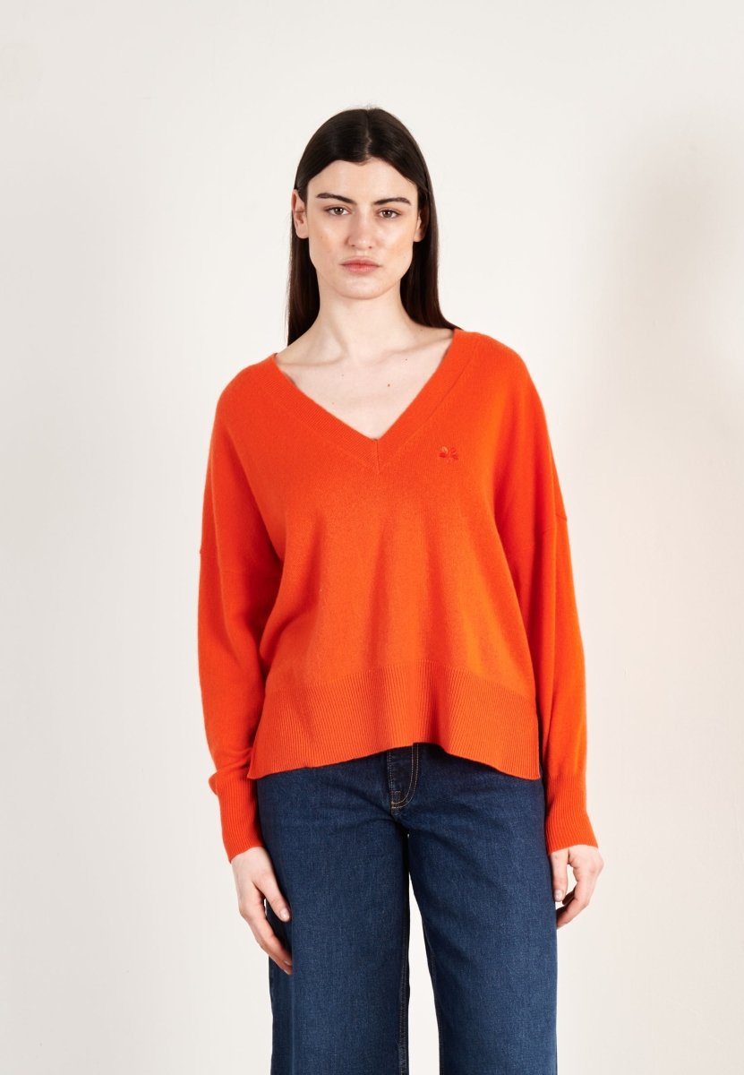 Pull col V femme en cachemire mandarine - HANA 1
