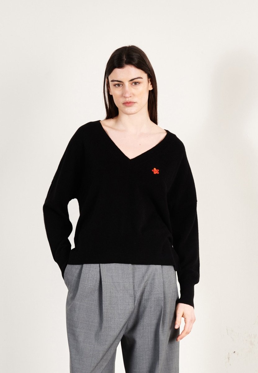 Pull col V femme en cachemire noir - HANA 1