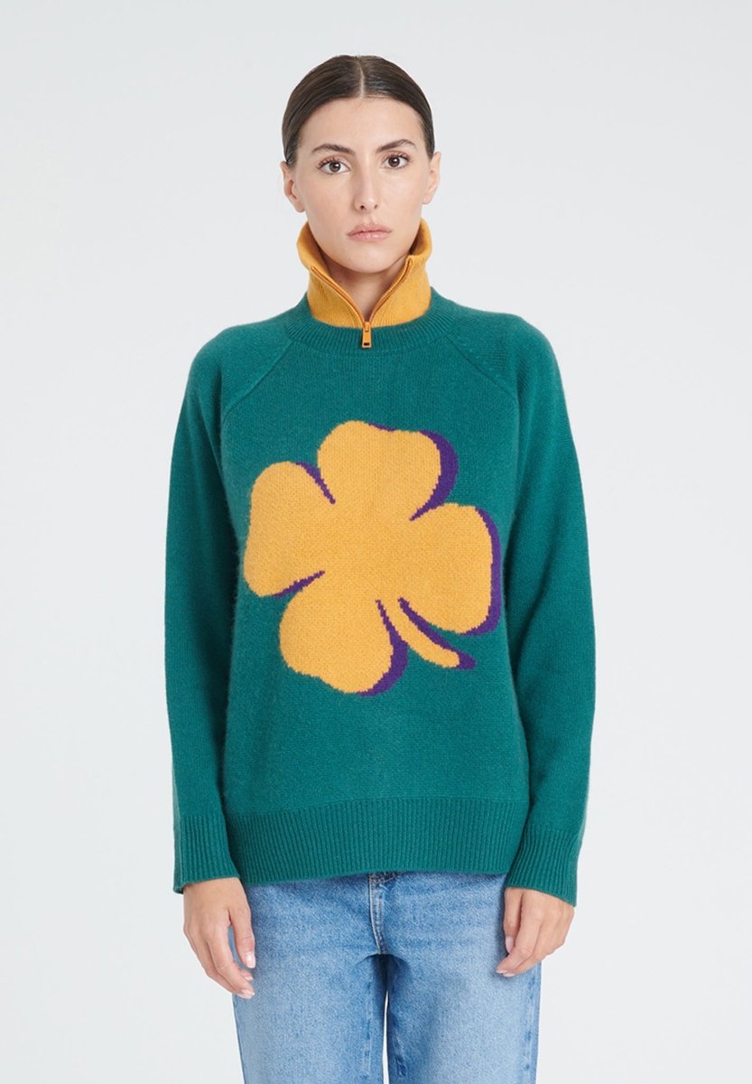 Pull col rond manches raglan femme en cachemire 4 fils vert foncé & jaune moutarde - ZAYA 10