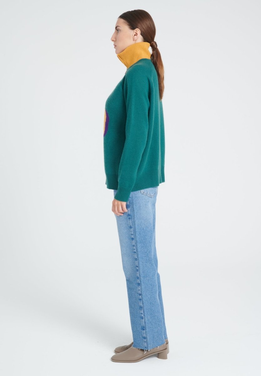 Pull col rond manches raglan femme en cachemire 4 fils vert foncé & jaune moutarde - ZAYA 10